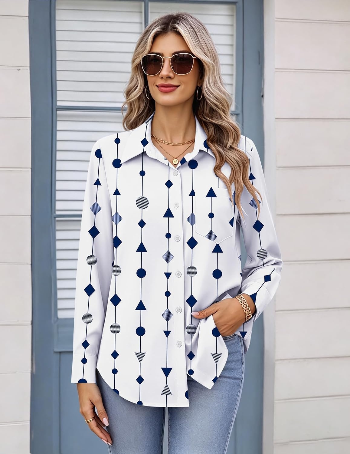 image:imageZeagoo Womens Button Down Shirt Long Sleeve Work Blouse with Pocket Business Clothing Dressy Casual Shirts Floral Blouse Solid Color Office WearAjh599