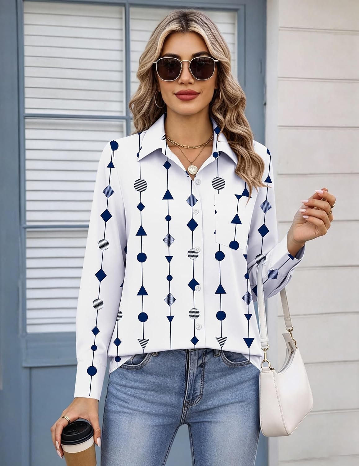 image:imageZeagoo Womens Button Down Shirt Long Sleeve Work Blouse with Pocket Business Clothing Dressy Casual Shirts Floral Blouse Solid Color Office WearAjh599