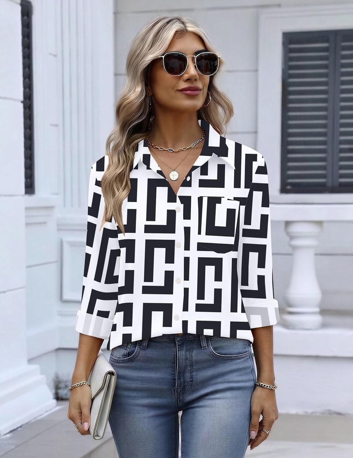 image:imageZeagoo Womens Button Down Shirt Long Sleeve Work Blouse with Pocket Business Clothing Dressy Casual Shirts Floral Blouse Solid Color Office WearAjh608