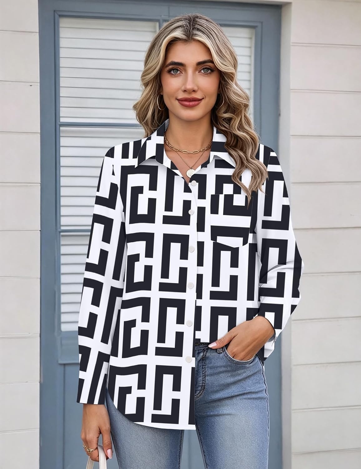 image:imageZeagoo Womens Button Down Shirt Long Sleeve Work Blouse with Pocket Business Clothing Dressy Casual Shirts Floral Blouse Solid Color Office WearAjh608