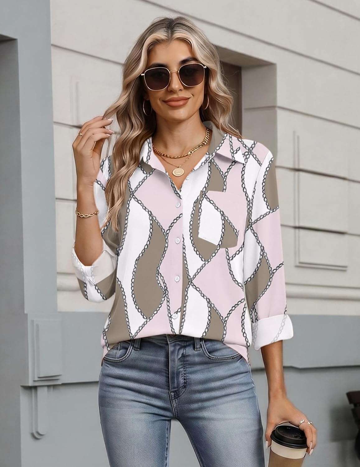image:imageZeagoo Womens Button Down Shirt Long Sleeve Work Blouse with Pocket Business Clothing Dressy Casual Shirts Floral Blouse Solid Color Office WearAjh692