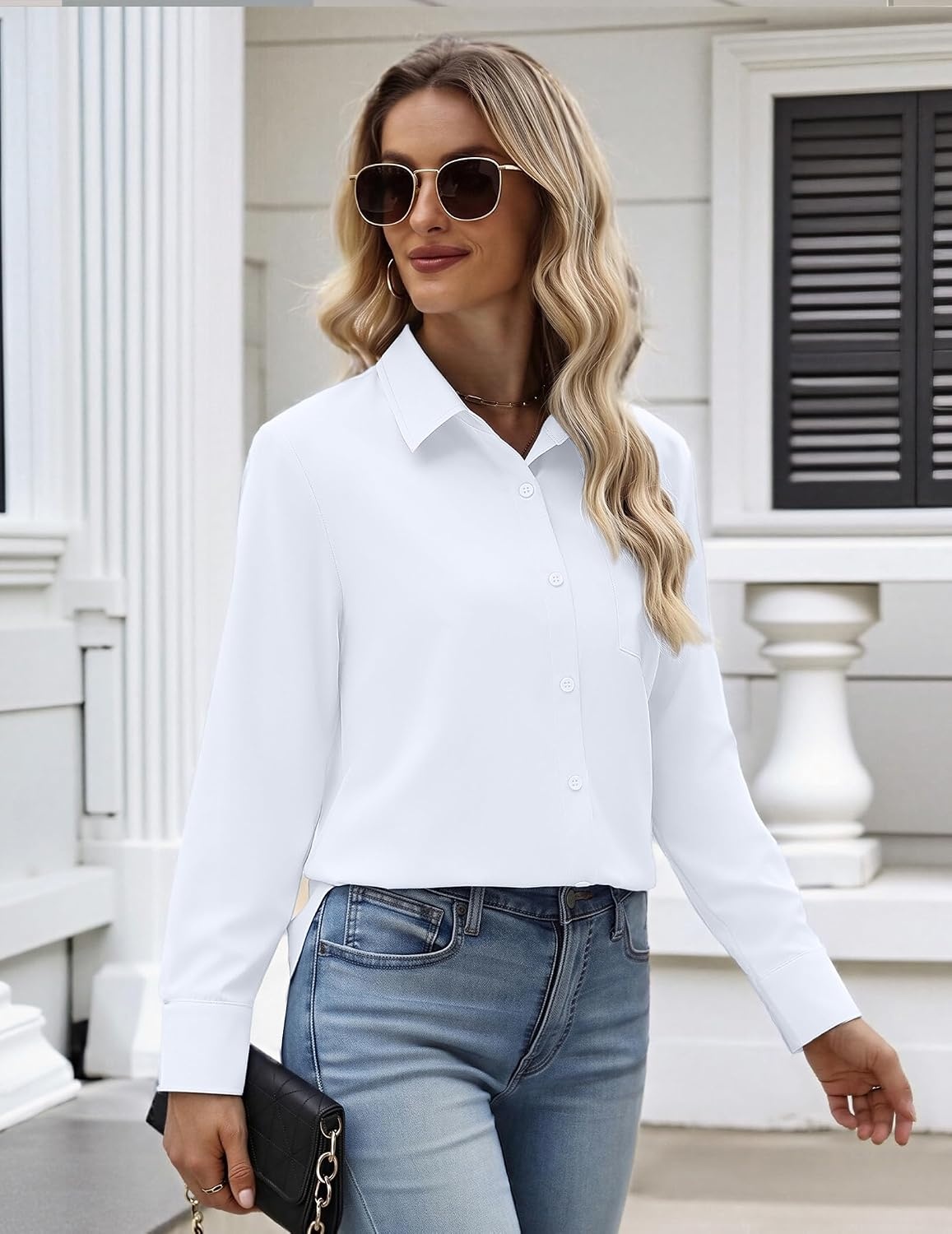 image:imageZeagoo Womens Button Down Shirt Long Sleeve Work Blouse with Pocket Business Clothing Dressy Casual Shirts Floral Blouse Solid Color Office WearBwhite