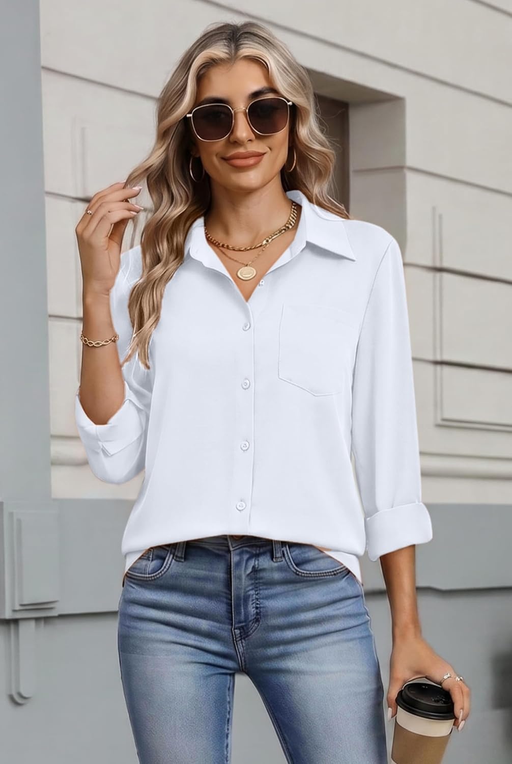 image:imageZeagoo Womens Button Down Shirt Long Sleeve Work Blouse with Pocket Business Clothing Dressy Casual Shirts Floral Blouse Solid Color Office WearBwhite