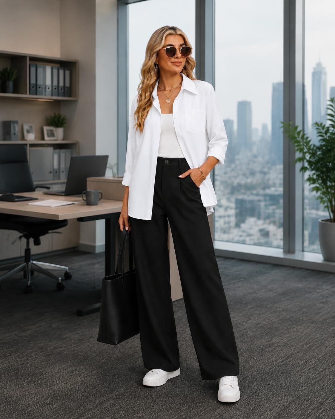 image:imageZeagoo Womens Button Down Shirt Long Sleeve Work Blouse with Pocket Business Clothing Dressy Casual Shirts Floral Blouse Solid Color Office WearBwhite