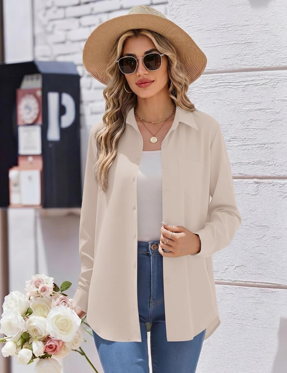 image:imageZeagoo Womens Button Down Shirt Long Sleeve Work Blouse with Pocket Business Clothing Dressy Casual Shirts Floral Blouse Solid Color Office WearCbeige