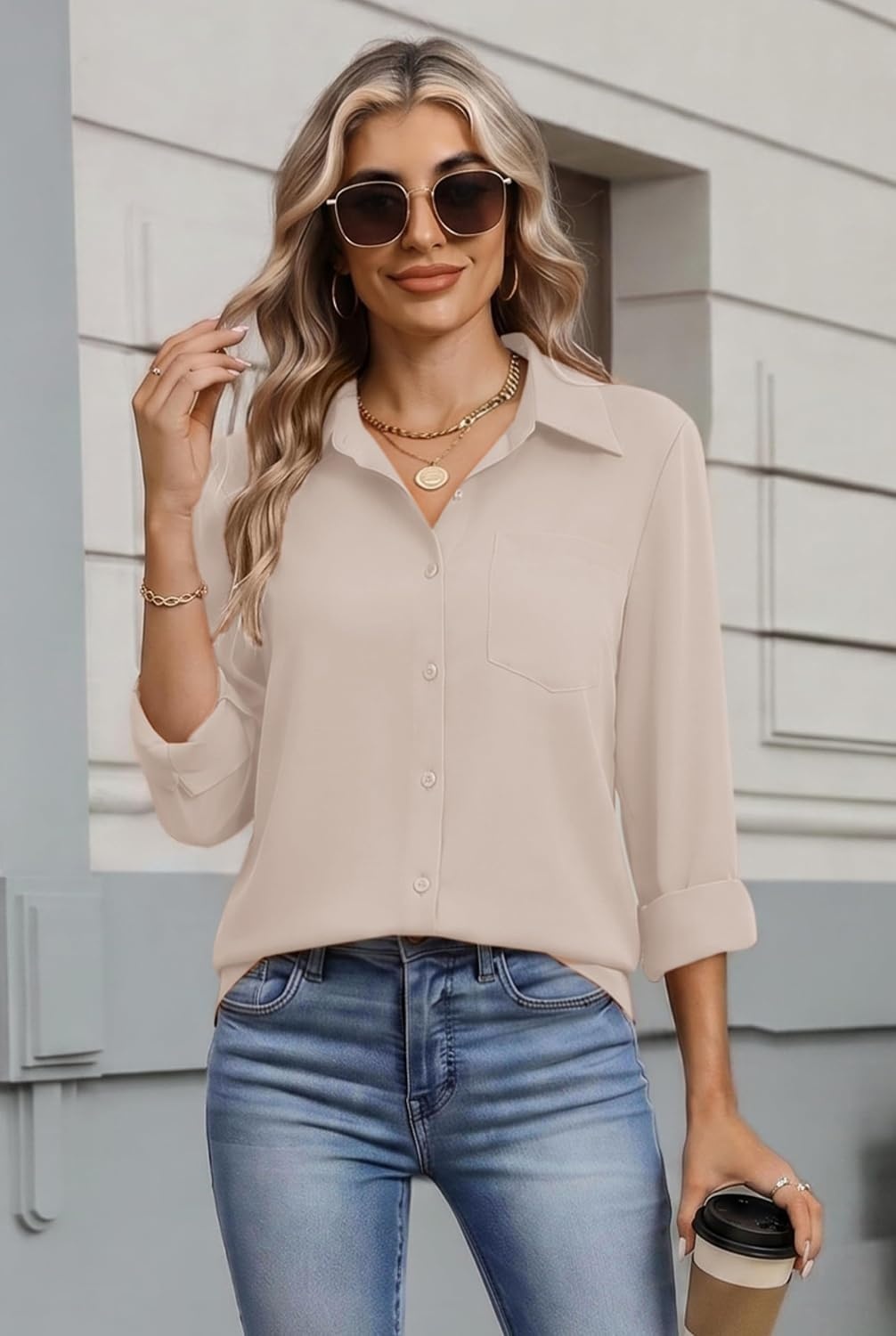 image:imageZeagoo Womens Button Down Shirt Long Sleeve Work Blouse with Pocket Business Clothing Dressy Casual Shirts Floral Blouse Solid Color Office WearCbeige