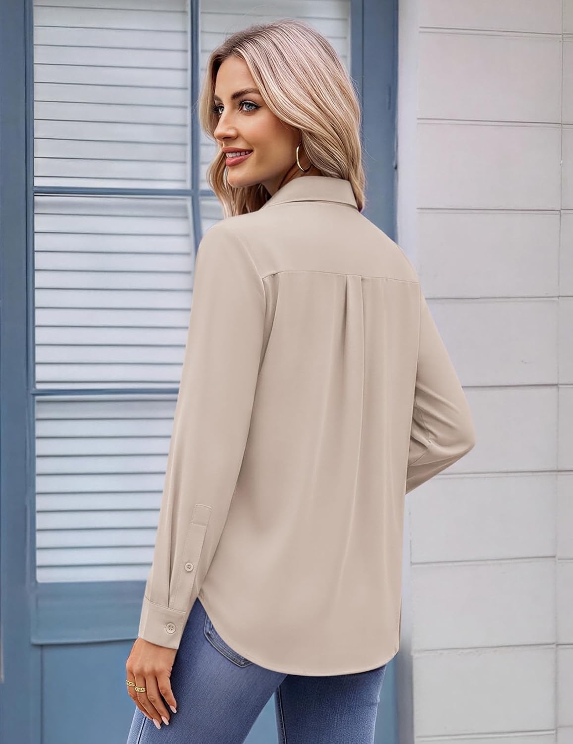 image:imageZeagoo Womens Button Down Shirt Long Sleeve Work Blouse with Pocket Business Clothing Dressy Casual Shirts Floral Blouse Solid Color Office WearCbeige