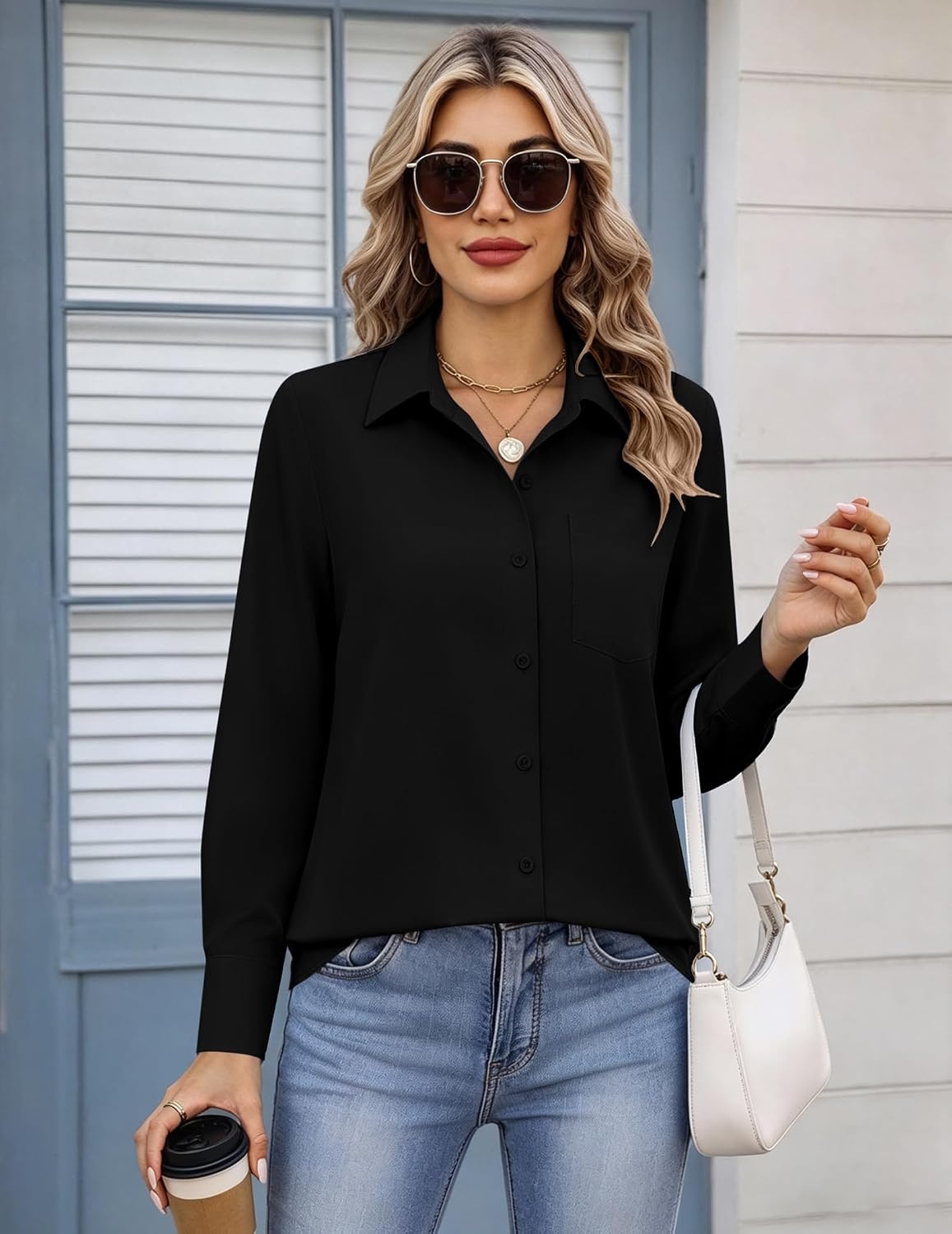 image:imageZeagoo Womens Button Down Shirt Long Sleeve Work Blouse with Pocket Business Clothing Dressy Casual Shirts Floral Blouse Solid Color Office WearCblack