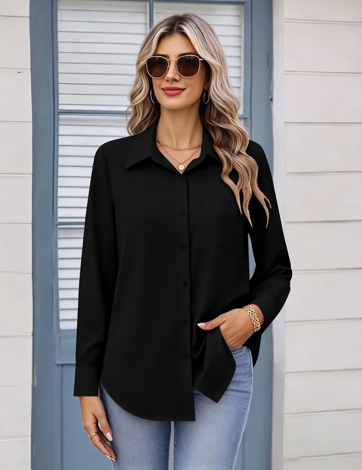 image:imageZeagoo Womens Button Down Shirt Long Sleeve Work Blouse with Pocket Business Clothing Dressy Casual Shirts Floral Blouse Solid Color Office WearCblack