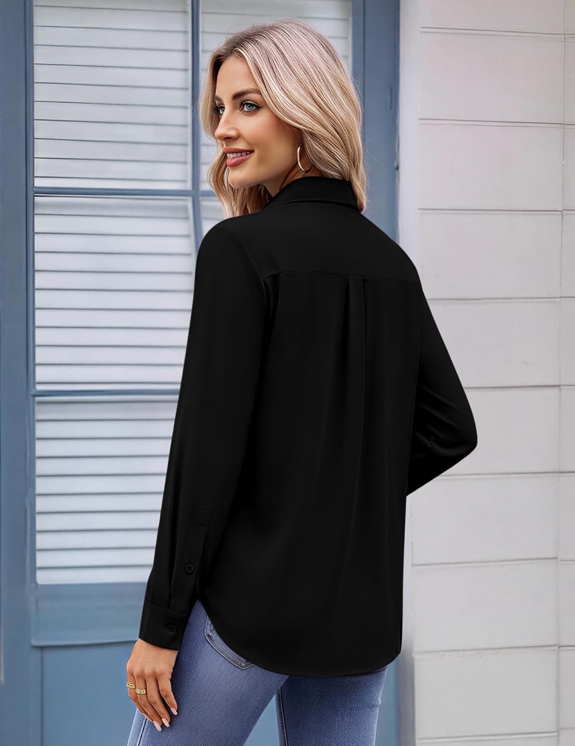 image:imageZeagoo Womens Button Down Shirt Long Sleeve Work Blouse with Pocket Business Clothing Dressy Casual Shirts Floral Blouse Solid Color Office WearCblack