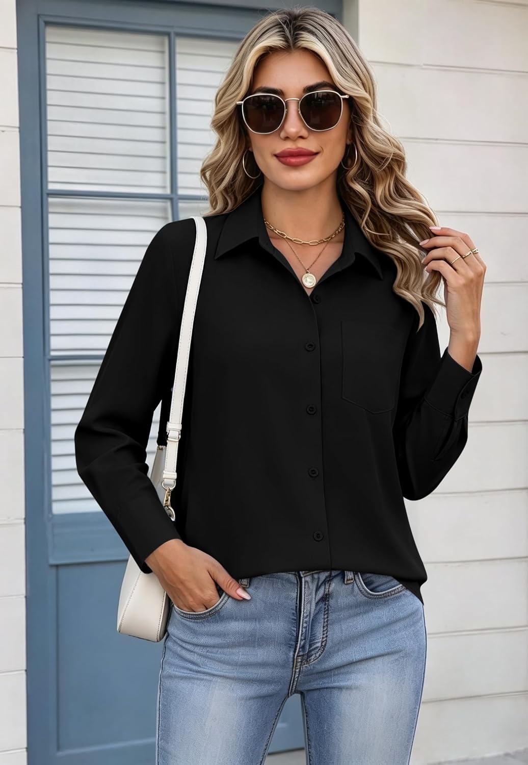 image:imageZeagoo Womens Button Down Shirt Long Sleeve Work Blouse with Pocket Business Clothing Dressy Casual Shirts Floral Blouse Solid Color Office WearCblack