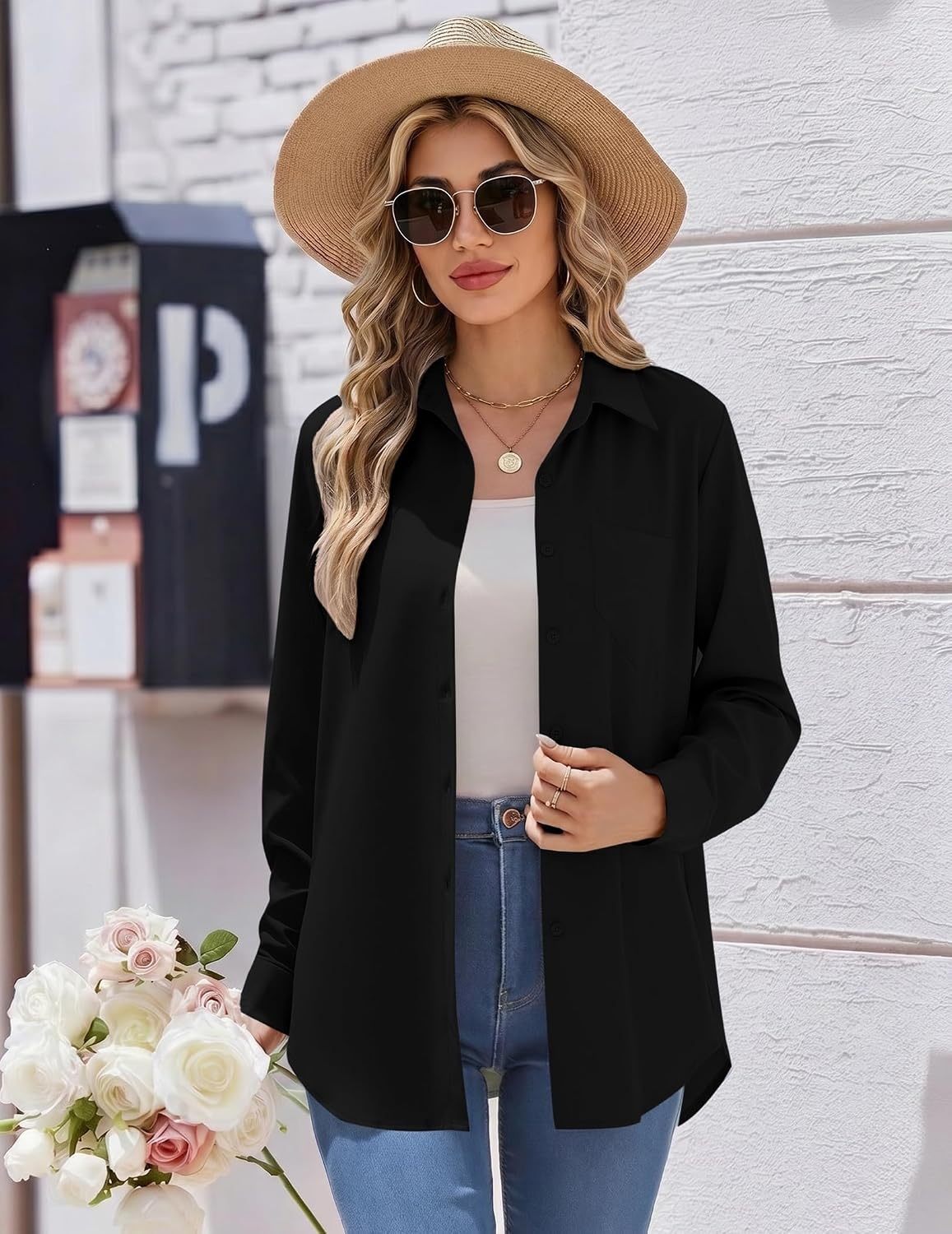 image:imageZeagoo Womens Button Down Shirt Long Sleeve Work Blouse with Pocket Business Clothing Dressy Casual Shirts Floral Blouse Solid Color Office WearCblack