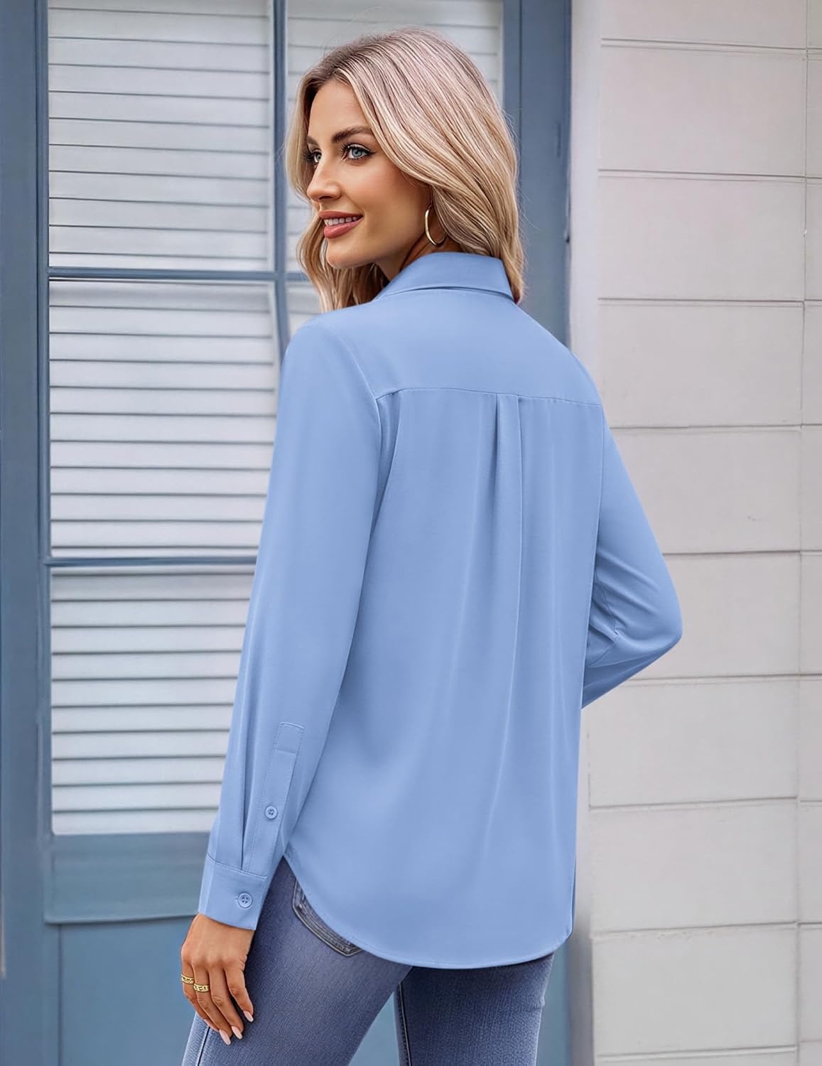 image:imageZeagoo Womens Button Down Shirt Long Sleeve Work Blouse with Pocket Business Clothing Dressy Casual Shirts Floral Blouse Solid Color Office WearClight Blue