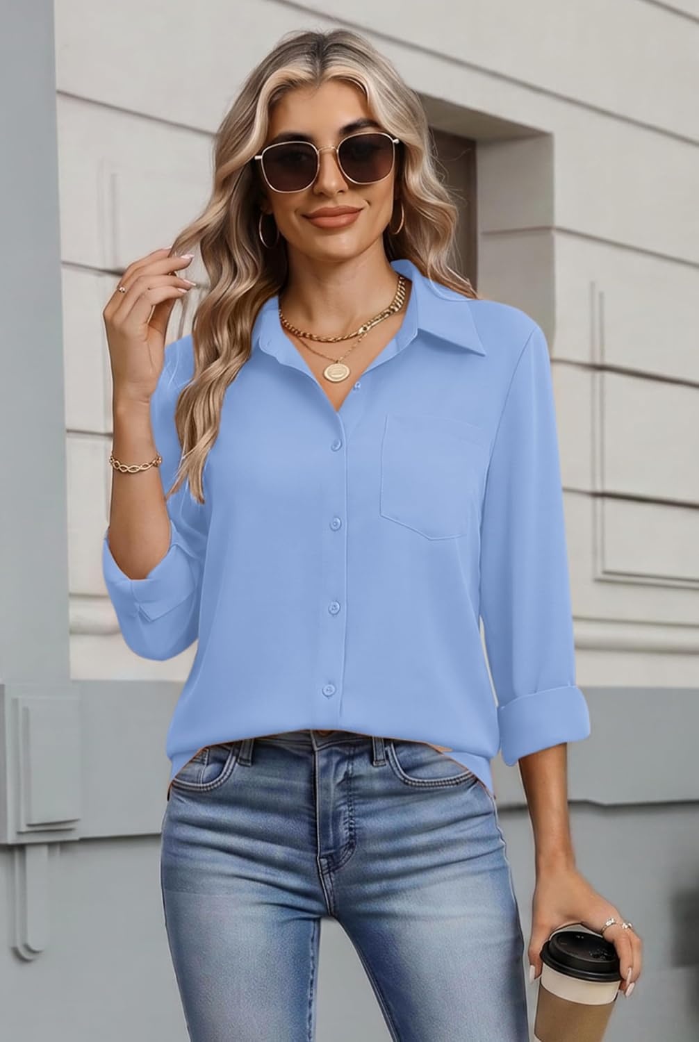 image:imageZeagoo Womens Button Down Shirt Long Sleeve Work Blouse with Pocket Business Clothing Dressy Casual Shirts Floral Blouse Solid Color Office WearClight Blue