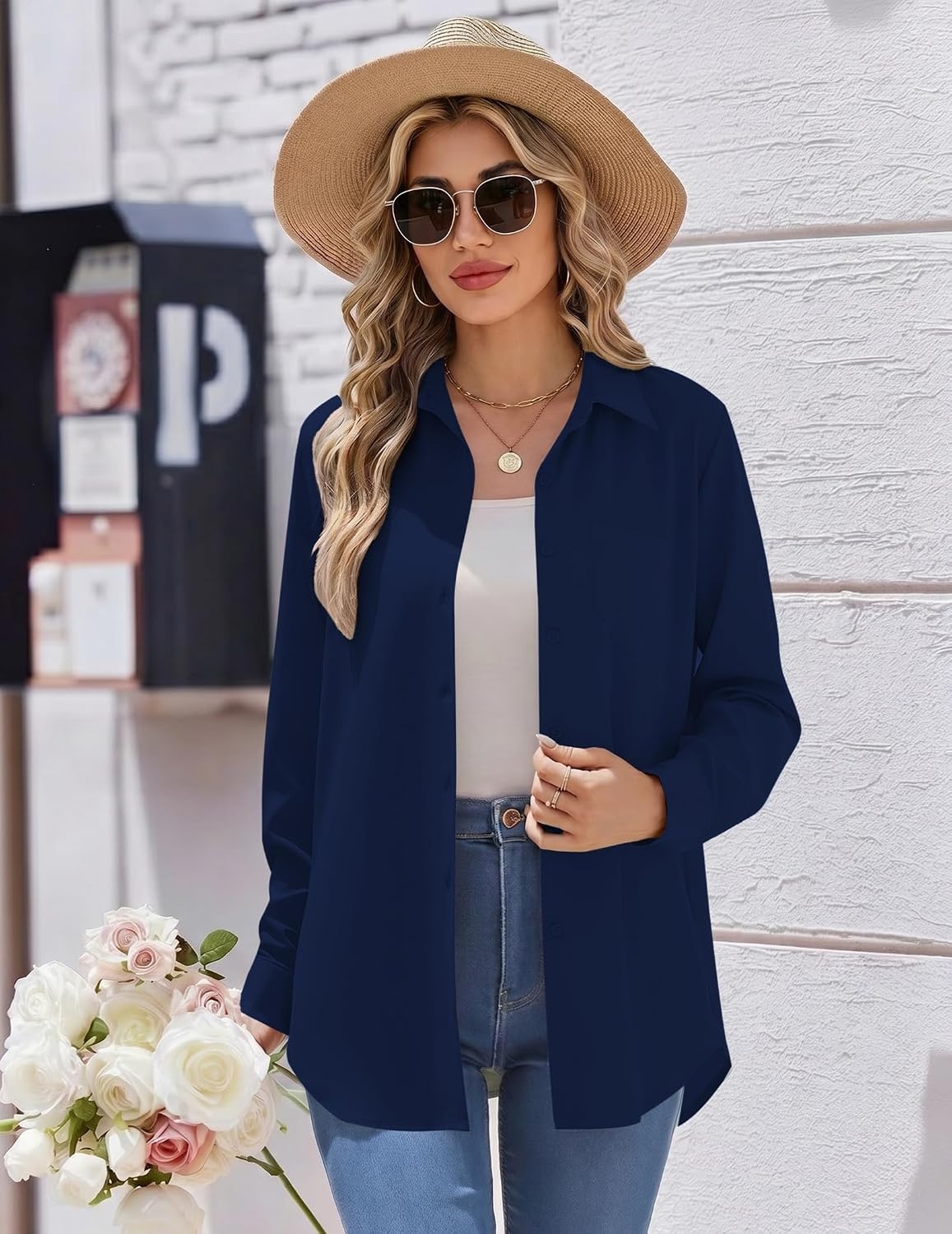 image:imageZeagoo Womens Button Down Shirt Long Sleeve Work Blouse with Pocket Business Clothing Dressy Casual Shirts Floral Blouse Solid Color Office WearCnavy Blue