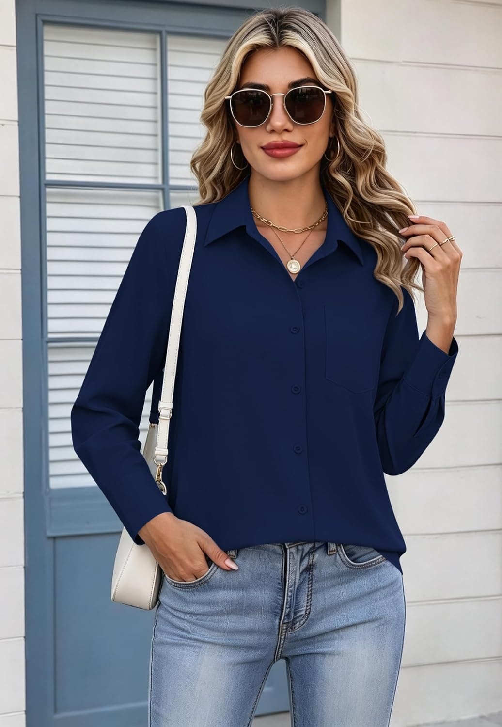 image:imageZeagoo Womens Button Down Shirt Long Sleeve Work Blouse with Pocket Business Clothing Dressy Casual Shirts Floral Blouse Solid Color Office WearCnavy Blue
