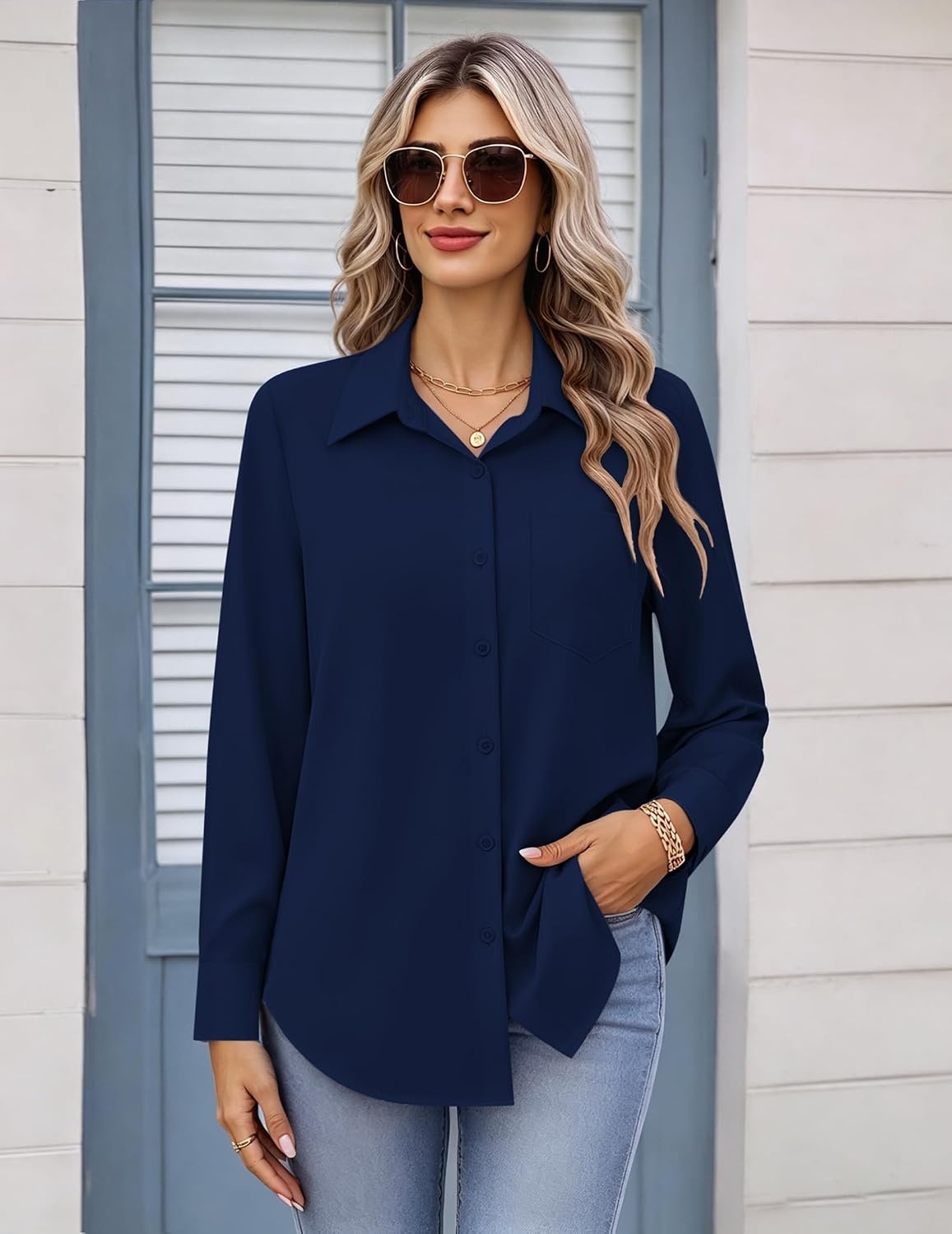 image:imageZeagoo Womens Button Down Shirt Long Sleeve Work Blouse with Pocket Business Clothing Dressy Casual Shirts Floral Blouse Solid Color Office WearCnavy Blue