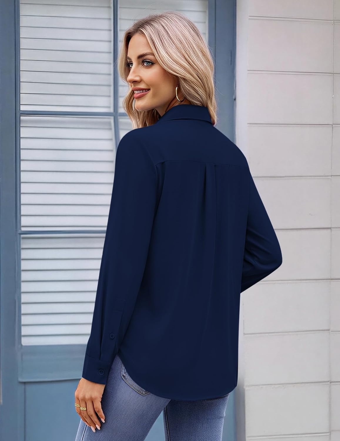 image:imageZeagoo Womens Button Down Shirt Long Sleeve Work Blouse with Pocket Business Clothing Dressy Casual Shirts Floral Blouse Solid Color Office WearCnavy Blue