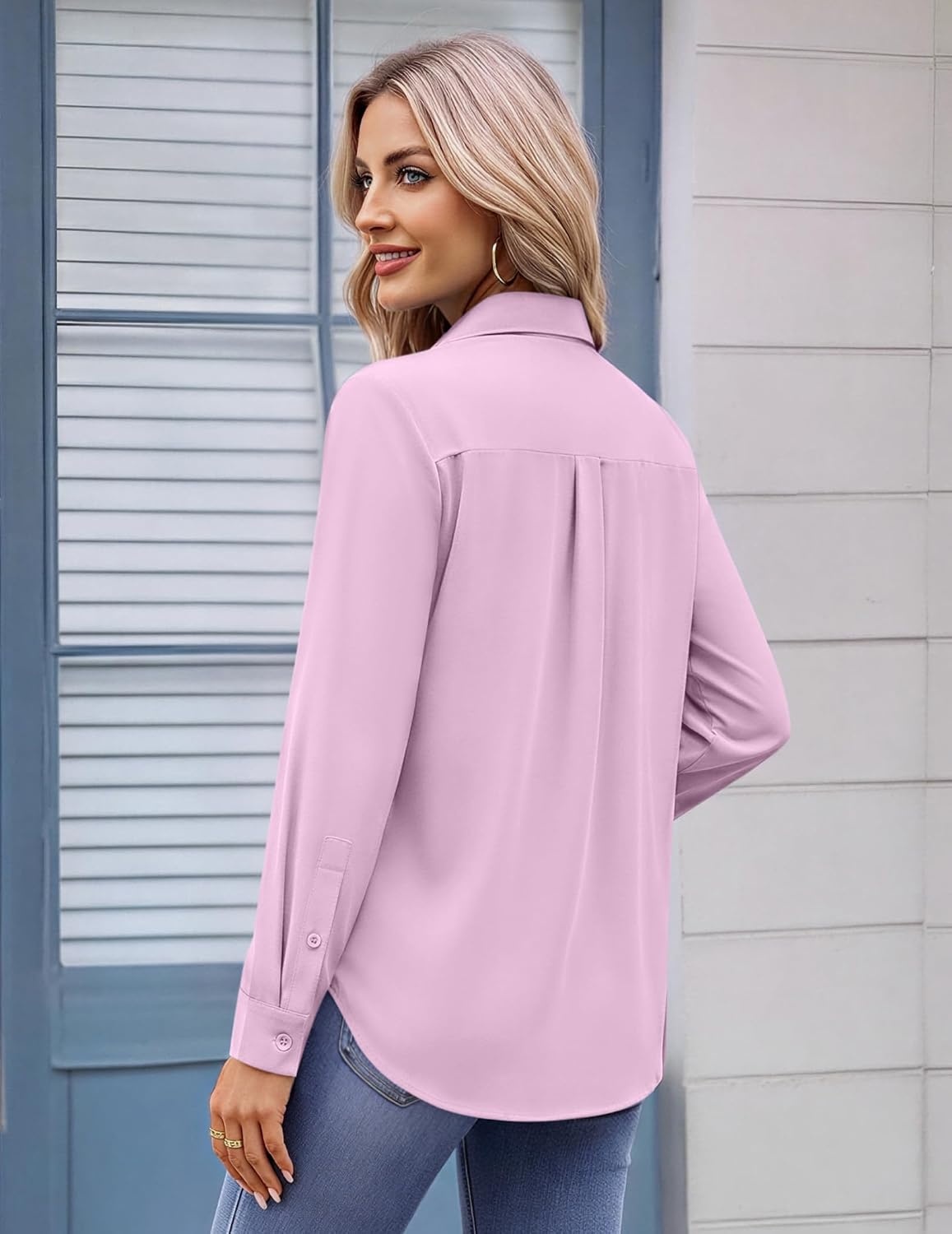image:imageZeagoo Womens Button Down Shirt Long Sleeve Work Blouse with Pocket Business Clothing Dressy Casual Shirts Floral Blouse Solid Color Office WearCpink