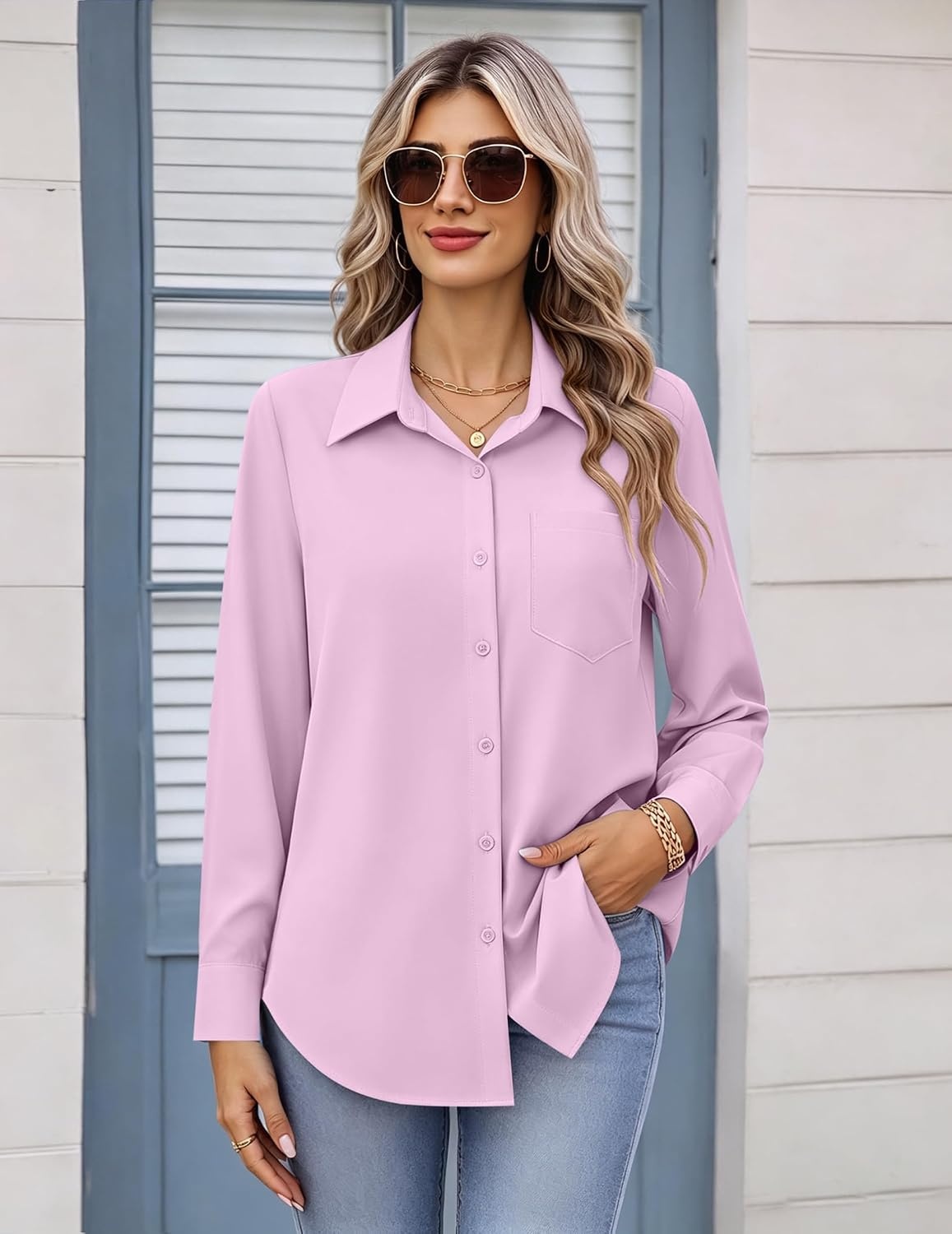 image:imageZeagoo Womens Button Down Shirt Long Sleeve Work Blouse with Pocket Business Clothing Dressy Casual Shirts Floral Blouse Solid Color Office WearCpink