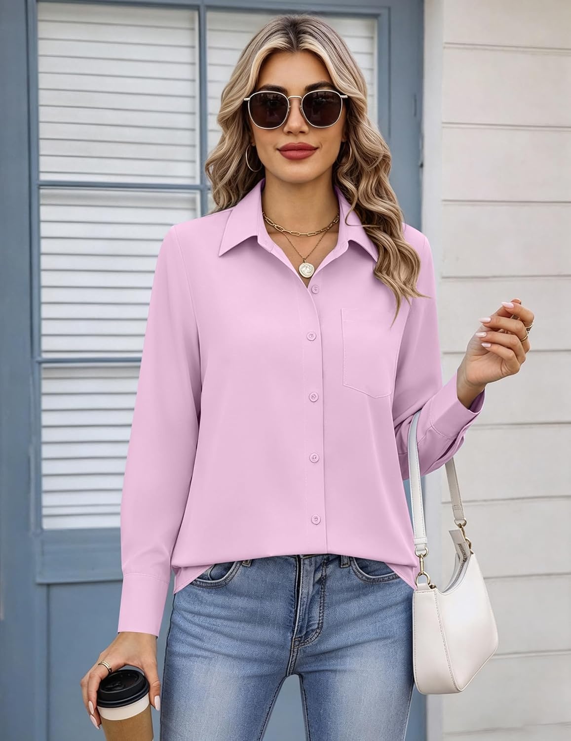 image:imageZeagoo Womens Button Down Shirt Long Sleeve Work Blouse with Pocket Business Clothing Dressy Casual Shirts Floral Blouse Solid Color Office WearCpink