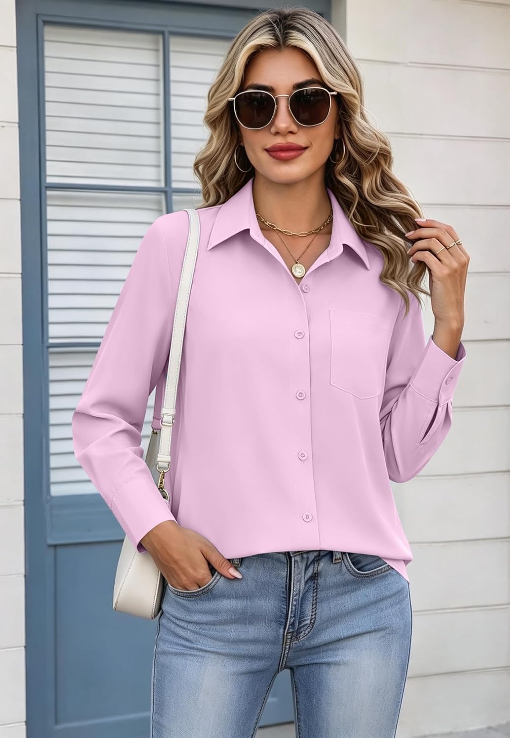 image:imageZeagoo Womens Button Down Shirt Long Sleeve Work Blouse with Pocket Business Clothing Dressy Casual Shirts Floral Blouse Solid Color Office WearCpink