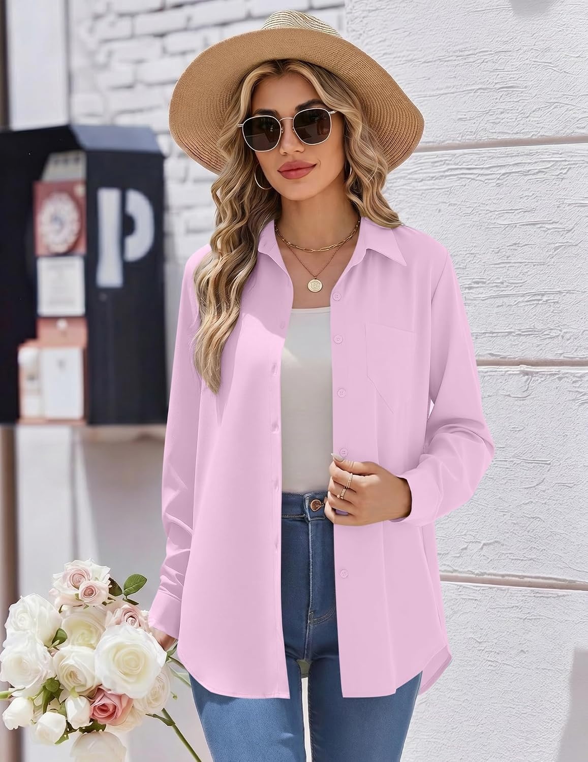 image:imageZeagoo Womens Button Down Shirt Long Sleeve Work Blouse with Pocket Business Clothing Dressy Casual Shirts Floral Blouse Solid Color Office WearCpink