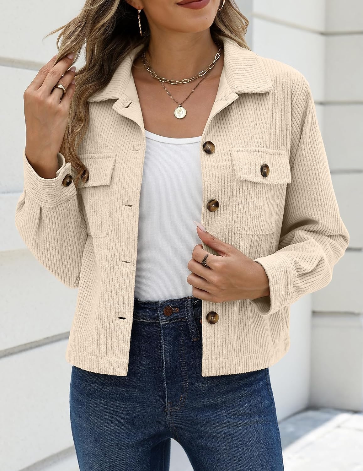 image:imageZeagoo Womens Fashion Cropped Jacket Corduroy Button Down Long Sleeve Shirt Crop Top Trendy Outfits Fall Winter CoatsApricot