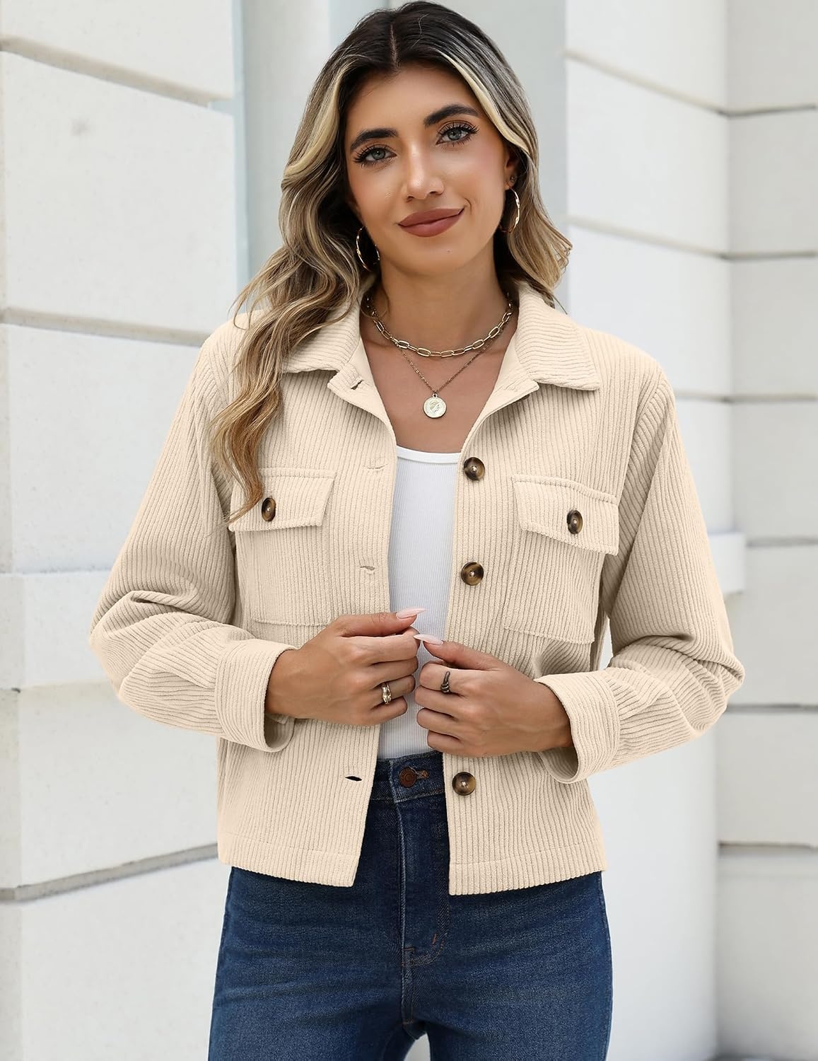 image:imageZeagoo Womens Fashion Cropped Jacket Corduroy Button Down Long Sleeve Shirt Crop Top Trendy Outfits Fall Winter CoatsApricot