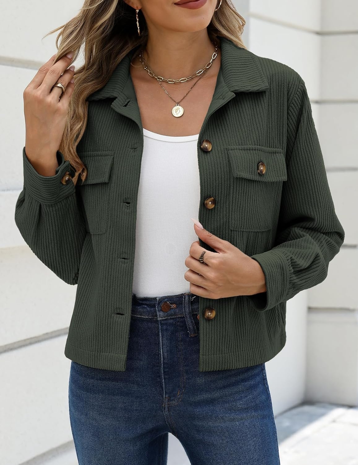 image:imageZeagoo Womens Fashion Cropped Jacket Corduroy Button Down Long Sleeve Shirt Crop Top Trendy Outfits Fall Winter CoatsArmy Green