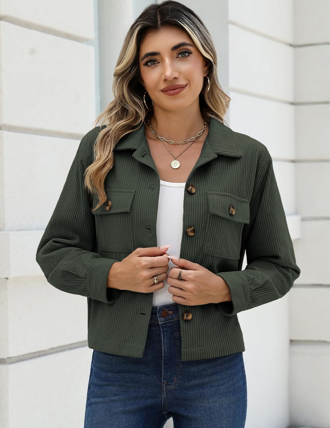 image:imageZeagoo Womens Fashion Cropped Jacket Corduroy Button Down Long Sleeve Shirt Crop Top Trendy Outfits Fall Winter CoatsArmy Green