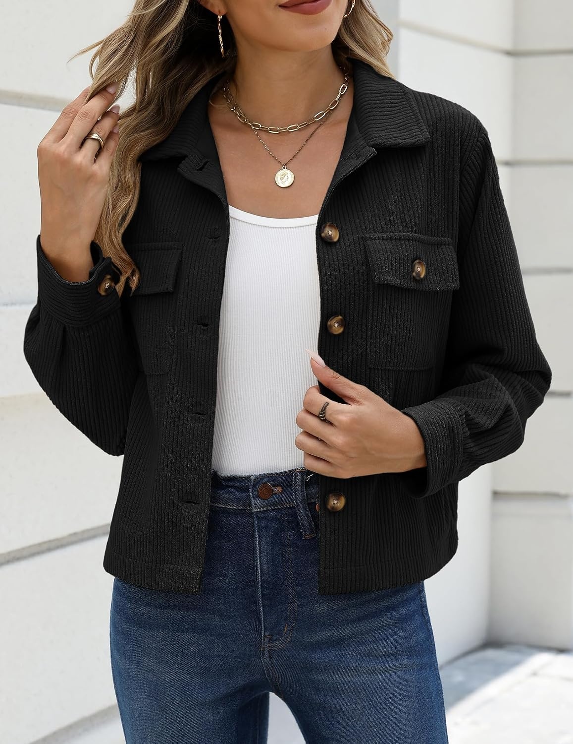 image:imageZeagoo Womens Fashion Cropped Jacket Corduroy Button Down Long Sleeve Shirt Crop Top Trendy Outfits Fall Winter CoatsBlack