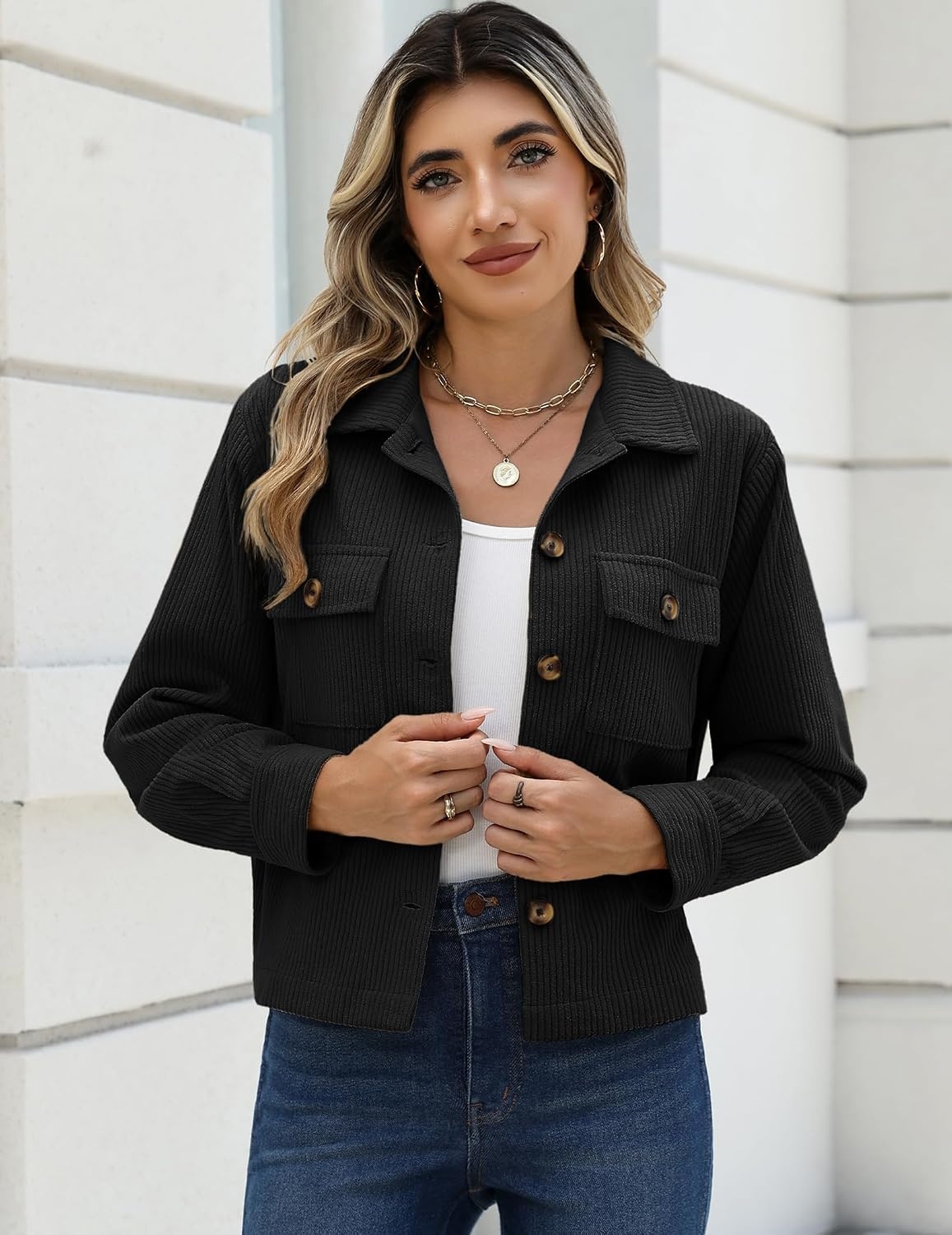 image:imageZeagoo Womens Fashion Cropped Jacket Corduroy Button Down Long Sleeve Shirt Crop Top Trendy Outfits Fall Winter CoatsBlack