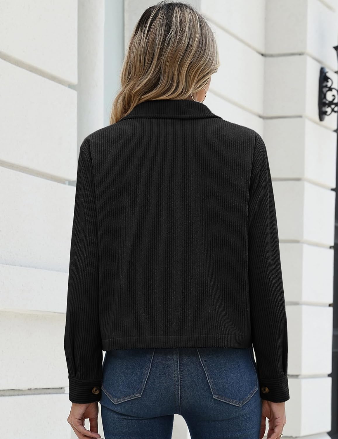 image:imageZeagoo Womens Fashion Cropped Jacket Corduroy Button Down Long Sleeve Shirt Crop Top Trendy Outfits Fall Winter CoatsBlack