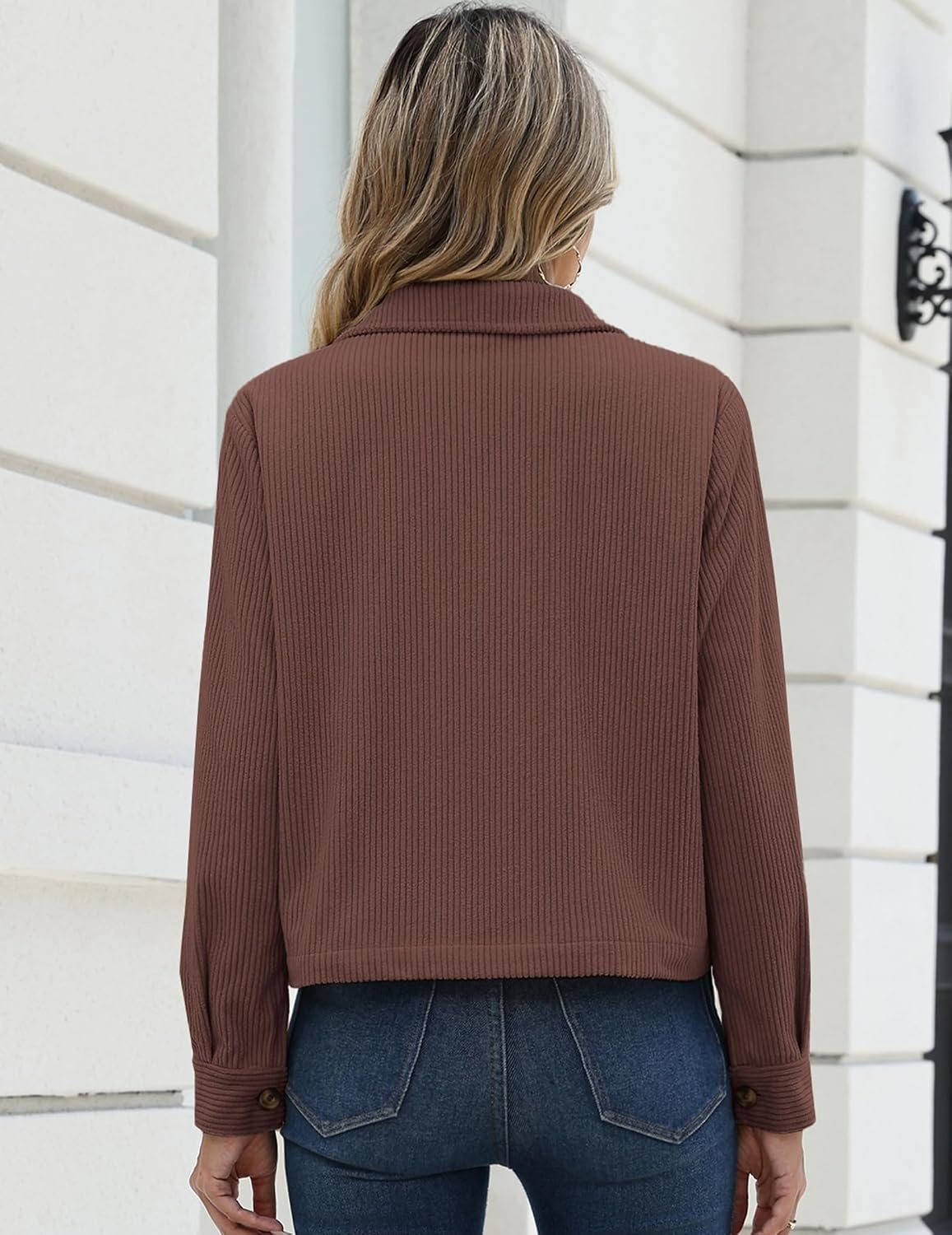 image:imageZeagoo Womens Fashion Cropped Jacket Corduroy Button Down Long Sleeve Shirt Crop Top Trendy Outfits Fall Winter CoatsBrown