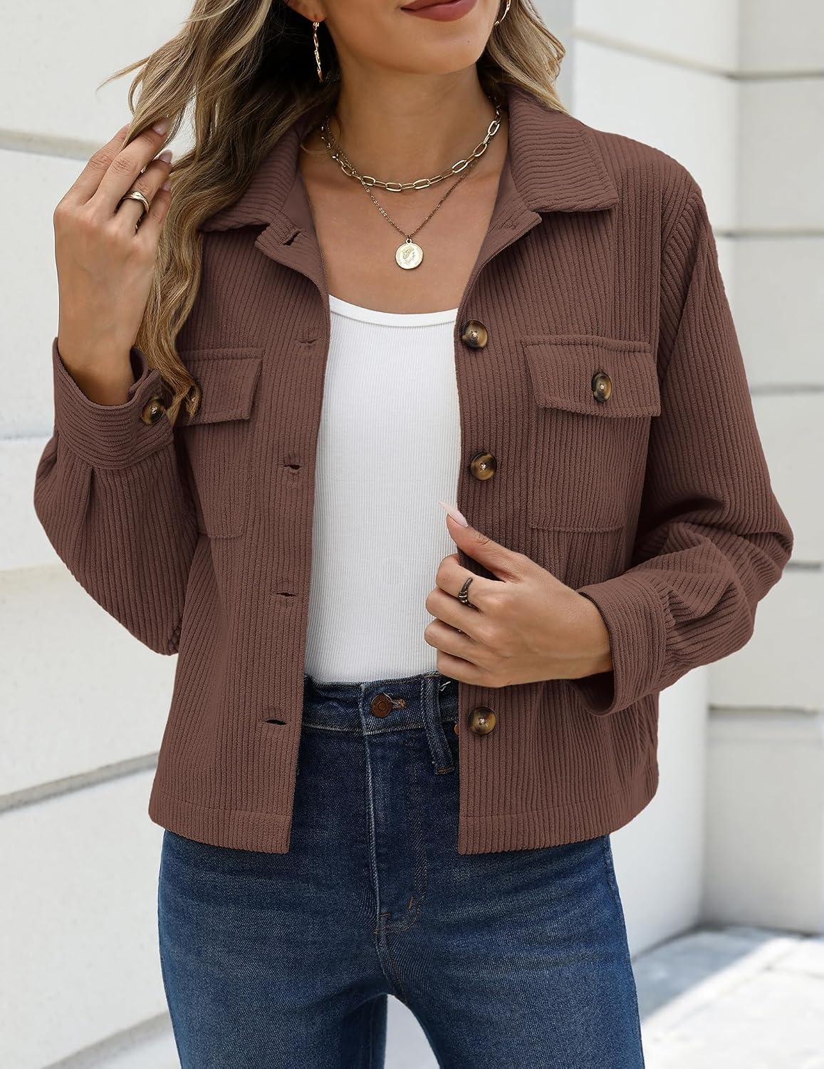 image:imageZeagoo Womens Fashion Cropped Jacket Corduroy Button Down Long Sleeve Shirt Crop Top Trendy Outfits Fall Winter CoatsBrown