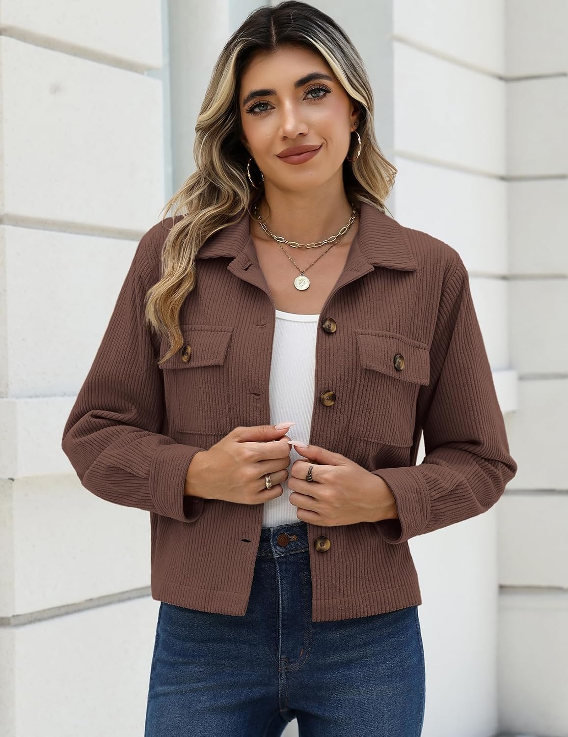 image:imageZeagoo Womens Fashion Cropped Jacket Corduroy Button Down Long Sleeve Shirt Crop Top Trendy Outfits Fall Winter CoatsBrown