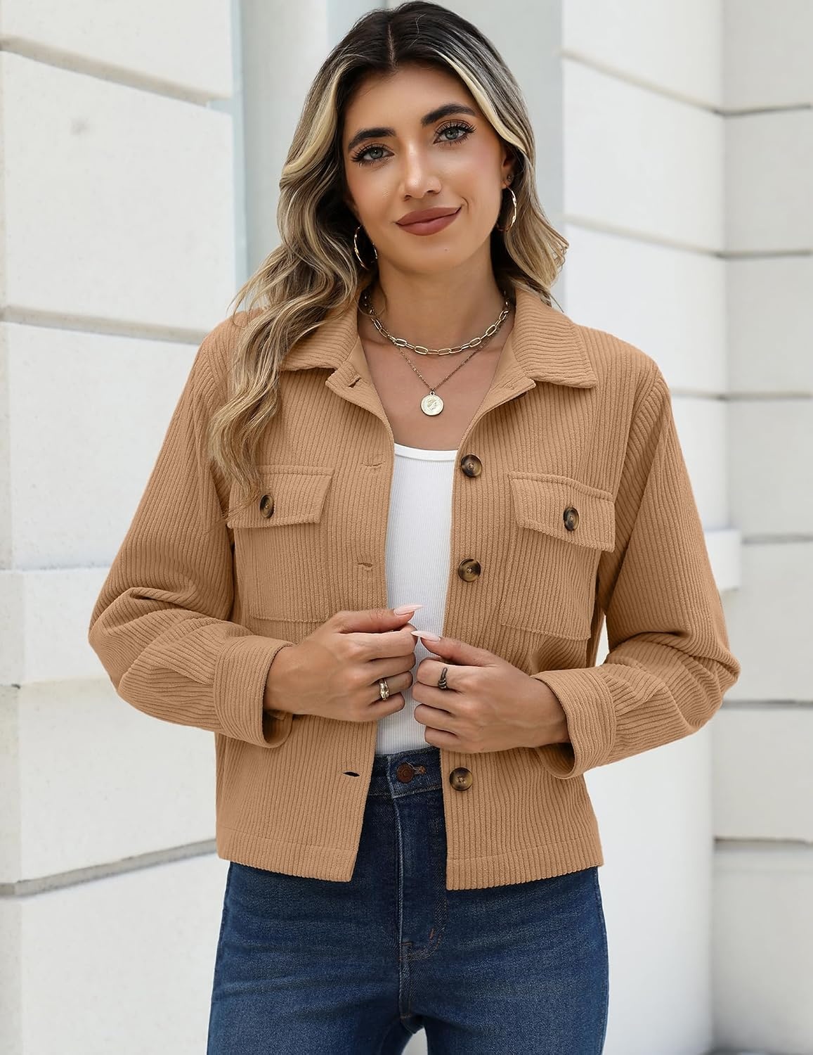 image:imageZeagoo Womens Fashion Cropped Jacket Corduroy Button Down Long Sleeve Shirt Crop Top Trendy Outfits Fall Winter CoatsCamel
