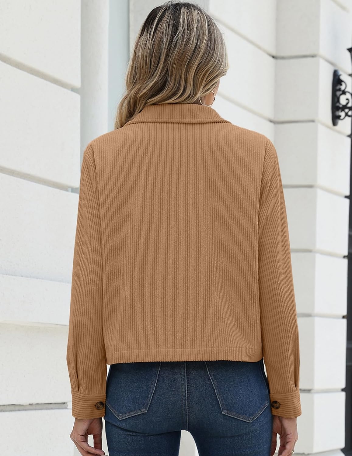 image:imageZeagoo Womens Fashion Cropped Jacket Corduroy Button Down Long Sleeve Shirt Crop Top Trendy Outfits Fall Winter CoatsCamel