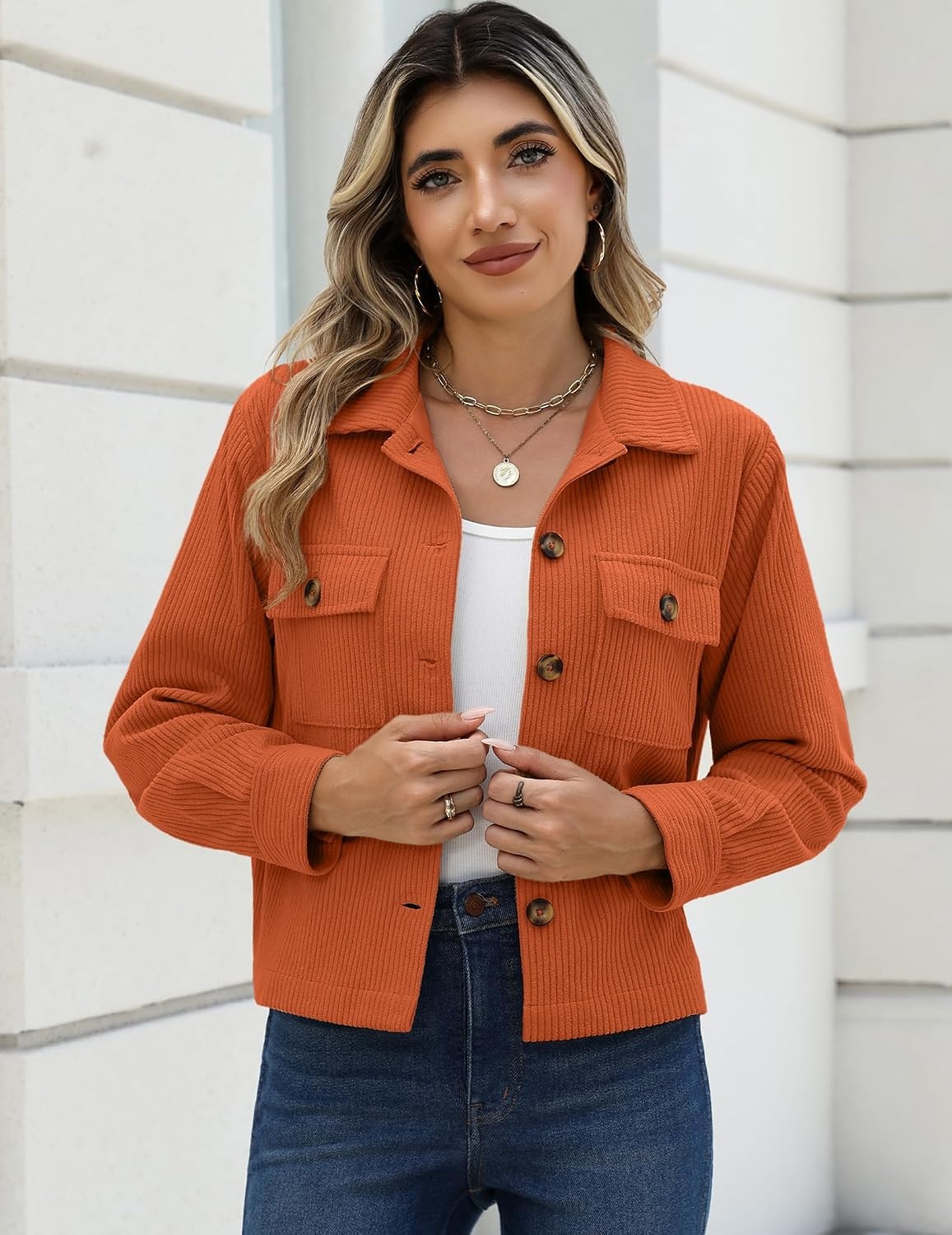 image:imageZeagoo Womens Fashion Cropped Jacket Corduroy Button Down Long Sleeve Shirt Crop Top Trendy Outfits Fall Winter CoatsCaramel