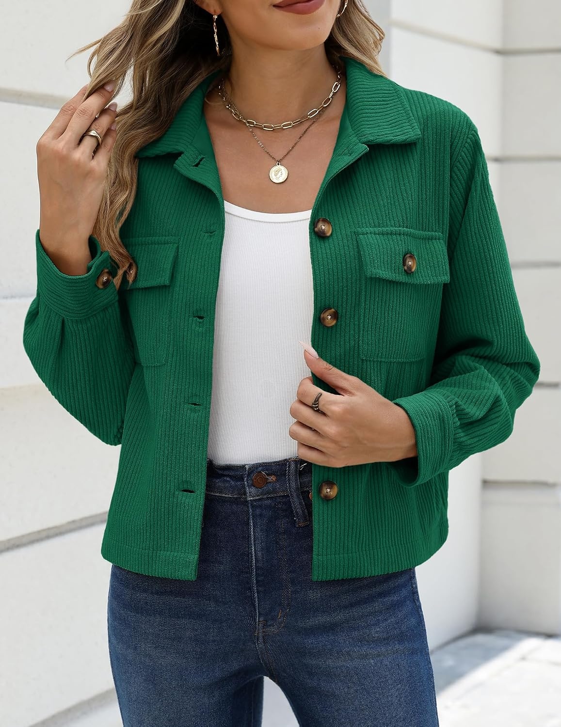image:imageZeagoo Womens Fashion Cropped Jacket Corduroy Button Down Long Sleeve Shirt Crop Top Trendy Outfits Fall Winter CoatsDark Green
