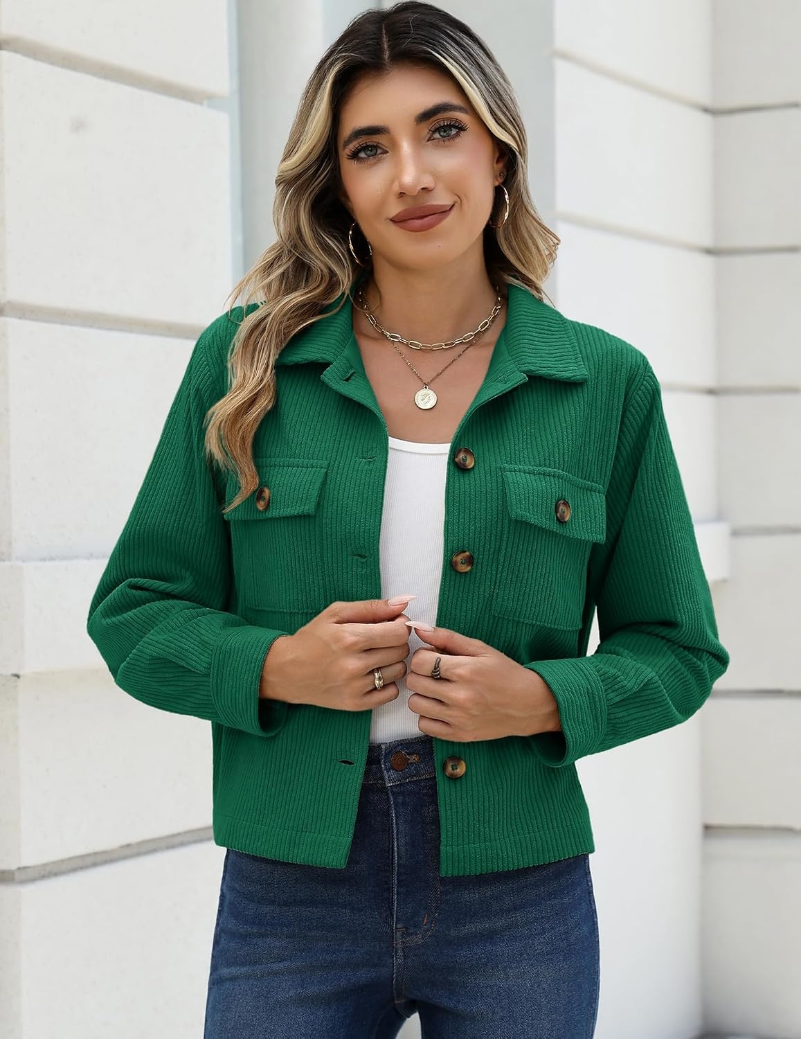 image:imageZeagoo Womens Fashion Cropped Jacket Corduroy Button Down Long Sleeve Shirt Crop Top Trendy Outfits Fall Winter CoatsDark Green
