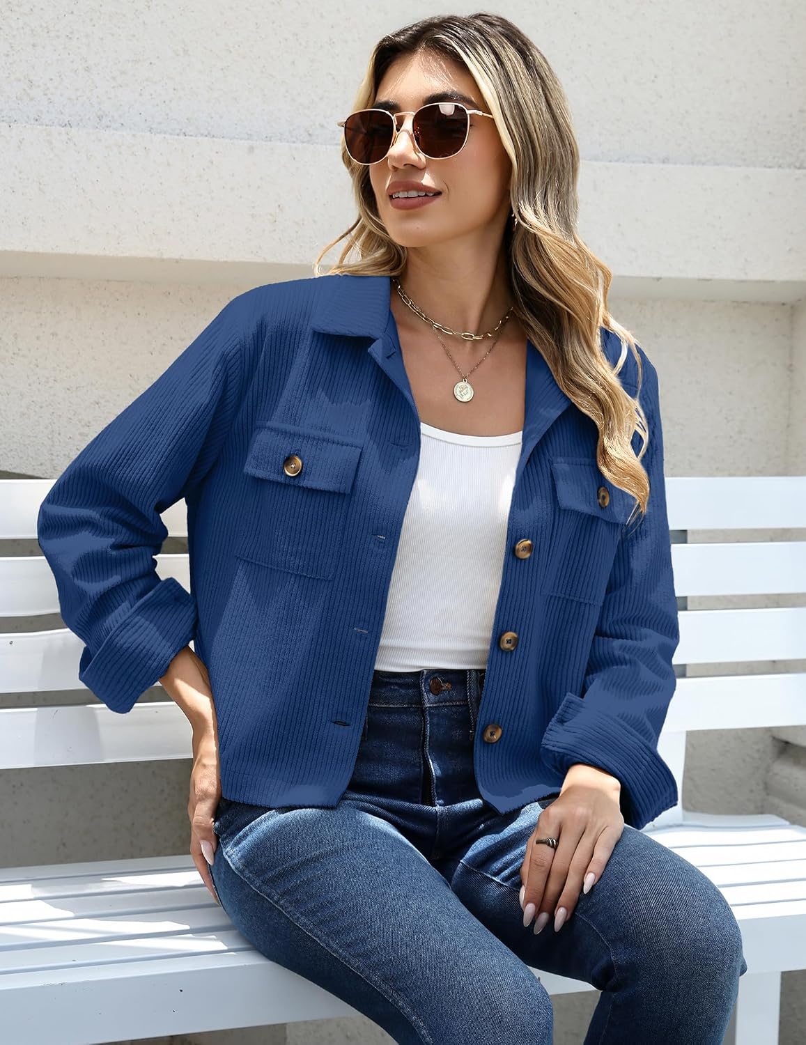 image:imageZeagoo Womens Fashion Cropped Jacket Corduroy Button Down Long Sleeve Shirt Crop Top Trendy Outfits Fall Winter CoatsNavy