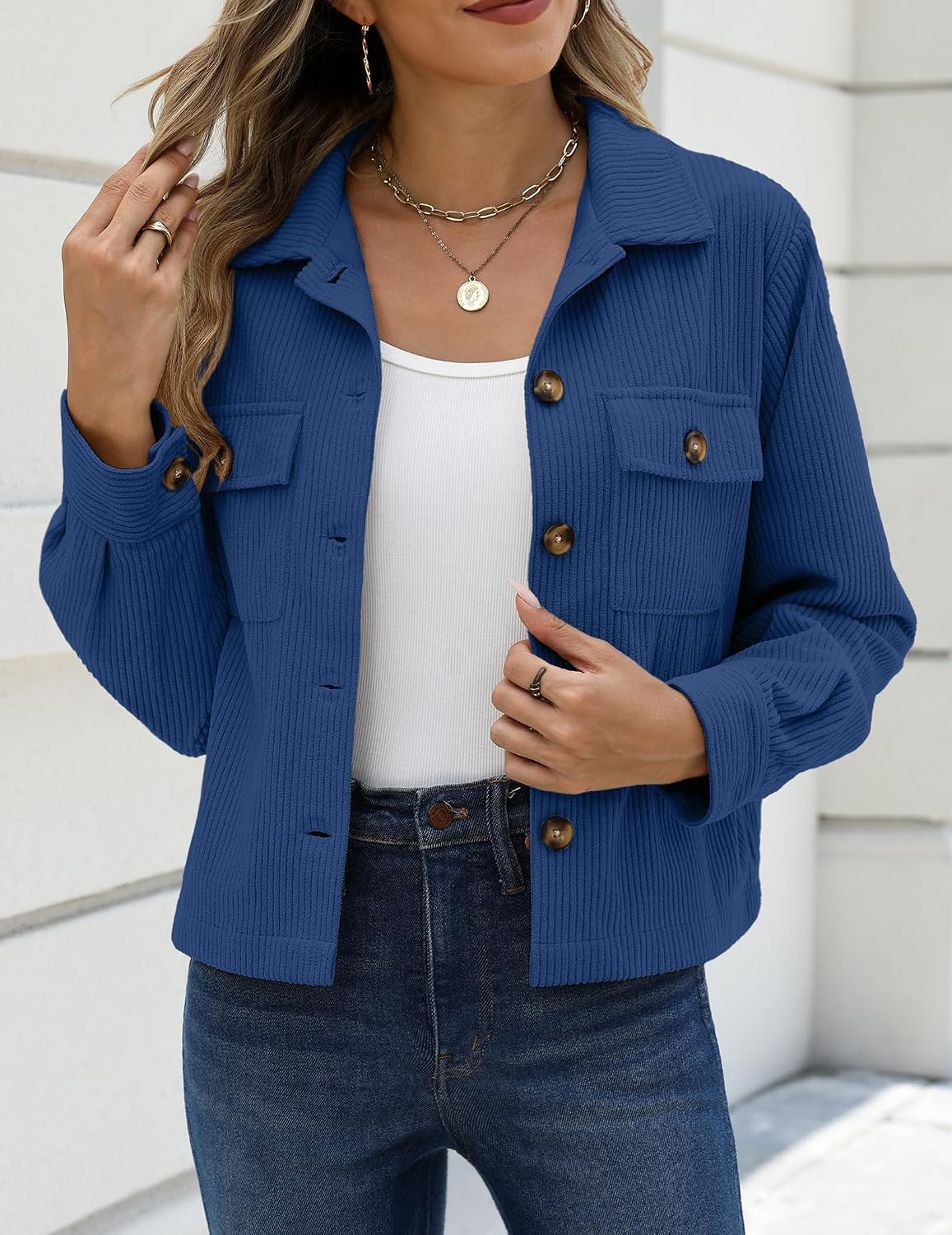 image:imageZeagoo Womens Fashion Cropped Jacket Corduroy Button Down Long Sleeve Shirt Crop Top Trendy Outfits Fall Winter CoatsNavy