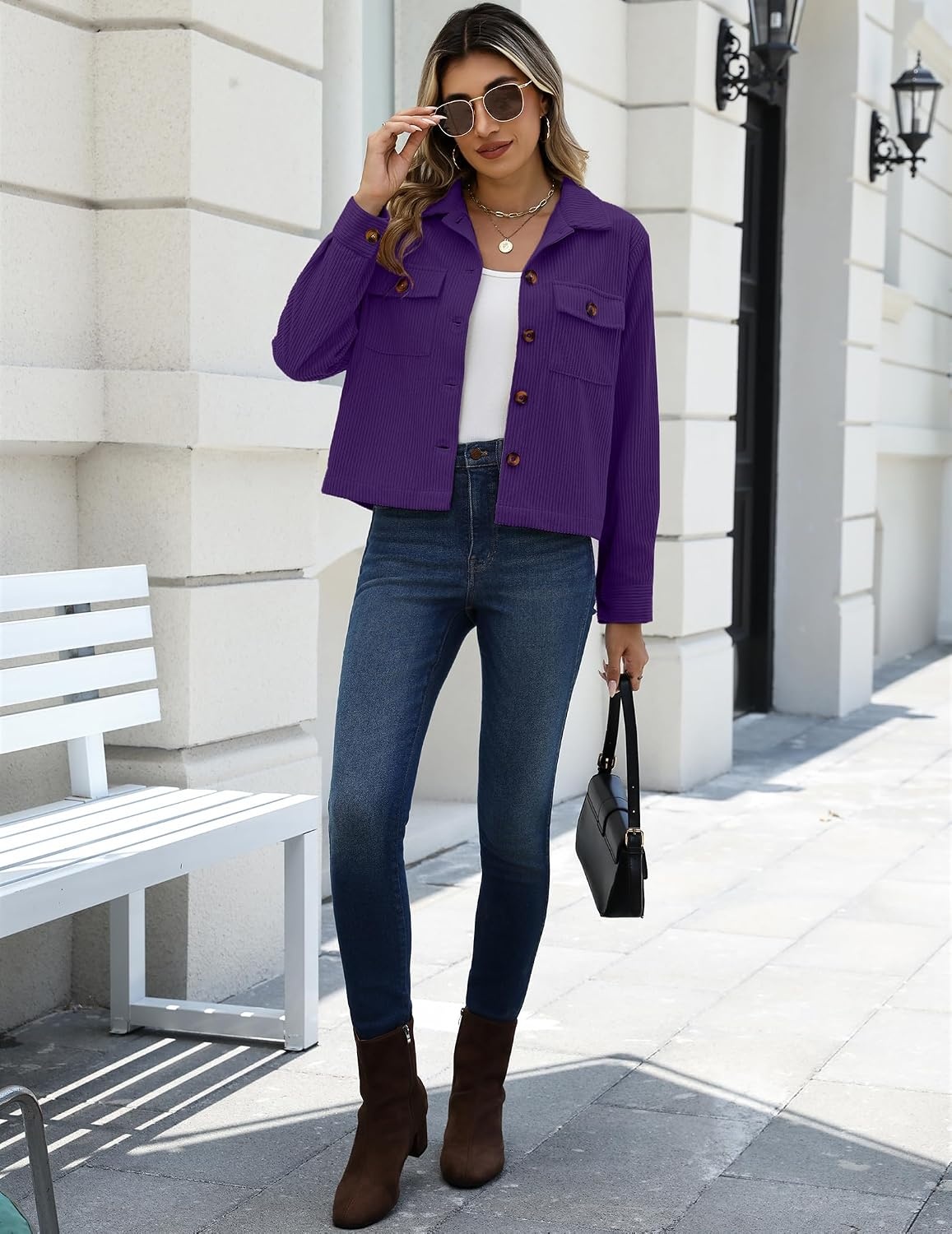 image:imageZeagoo Womens Fashion Cropped Jacket Corduroy Button Down Long Sleeve Shirt Crop Top Trendy Outfits Fall Winter CoatsPurple