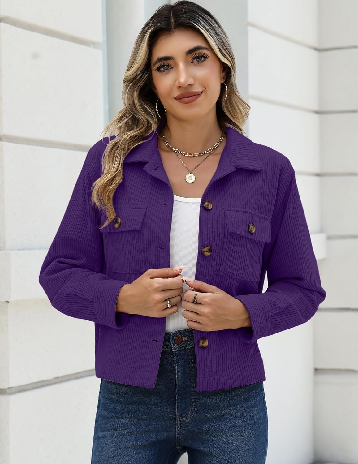 image:imageZeagoo Womens Fashion Cropped Jacket Corduroy Button Down Long Sleeve Shirt Crop Top Trendy Outfits Fall Winter CoatsPurple