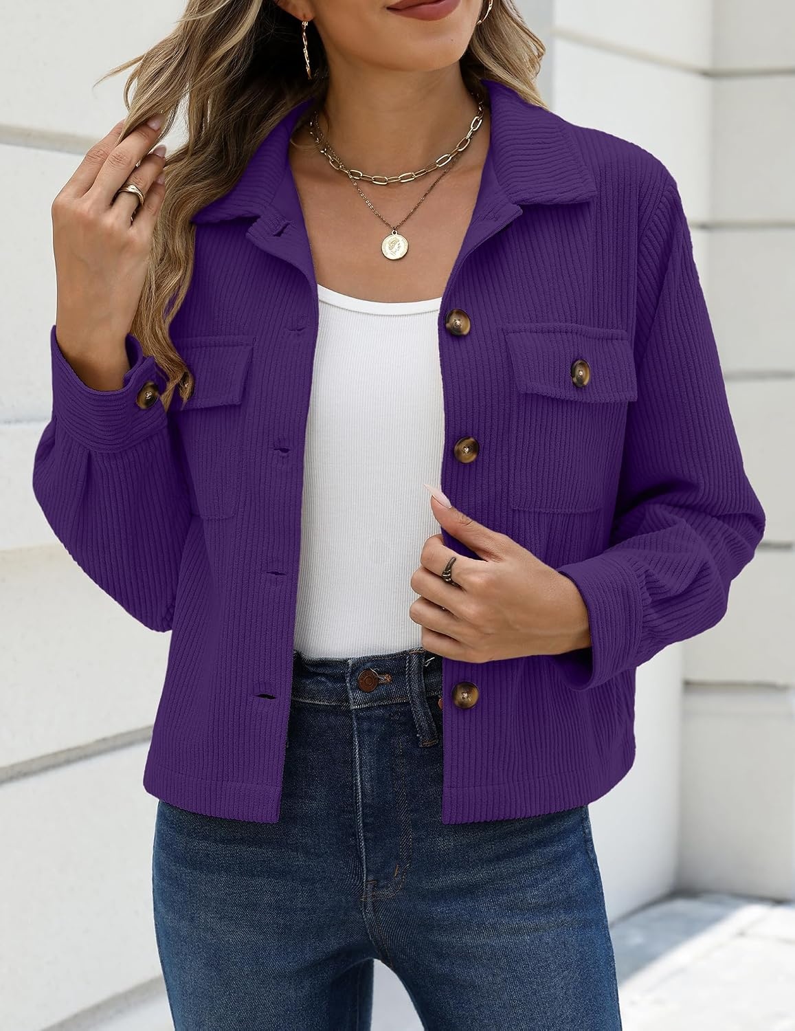 image:imageZeagoo Womens Fashion Cropped Jacket Corduroy Button Down Long Sleeve Shirt Crop Top Trendy Outfits Fall Winter CoatsPurple