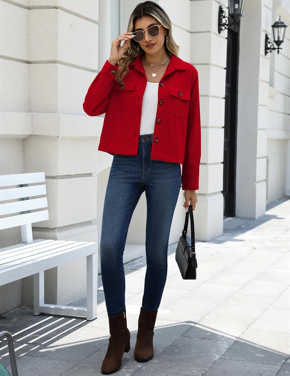 image:imageZeagoo Womens Fashion Cropped Jacket Corduroy Button Down Long Sleeve Shirt Crop Top Trendy Outfits Fall Winter CoatsRed