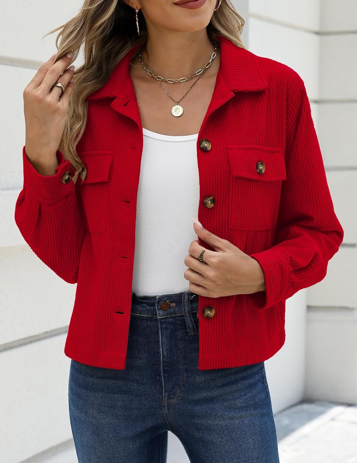 image:imageZeagoo Womens Fashion Cropped Jacket Corduroy Button Down Long Sleeve Shirt Crop Top Trendy Outfits Fall Winter CoatsRed
