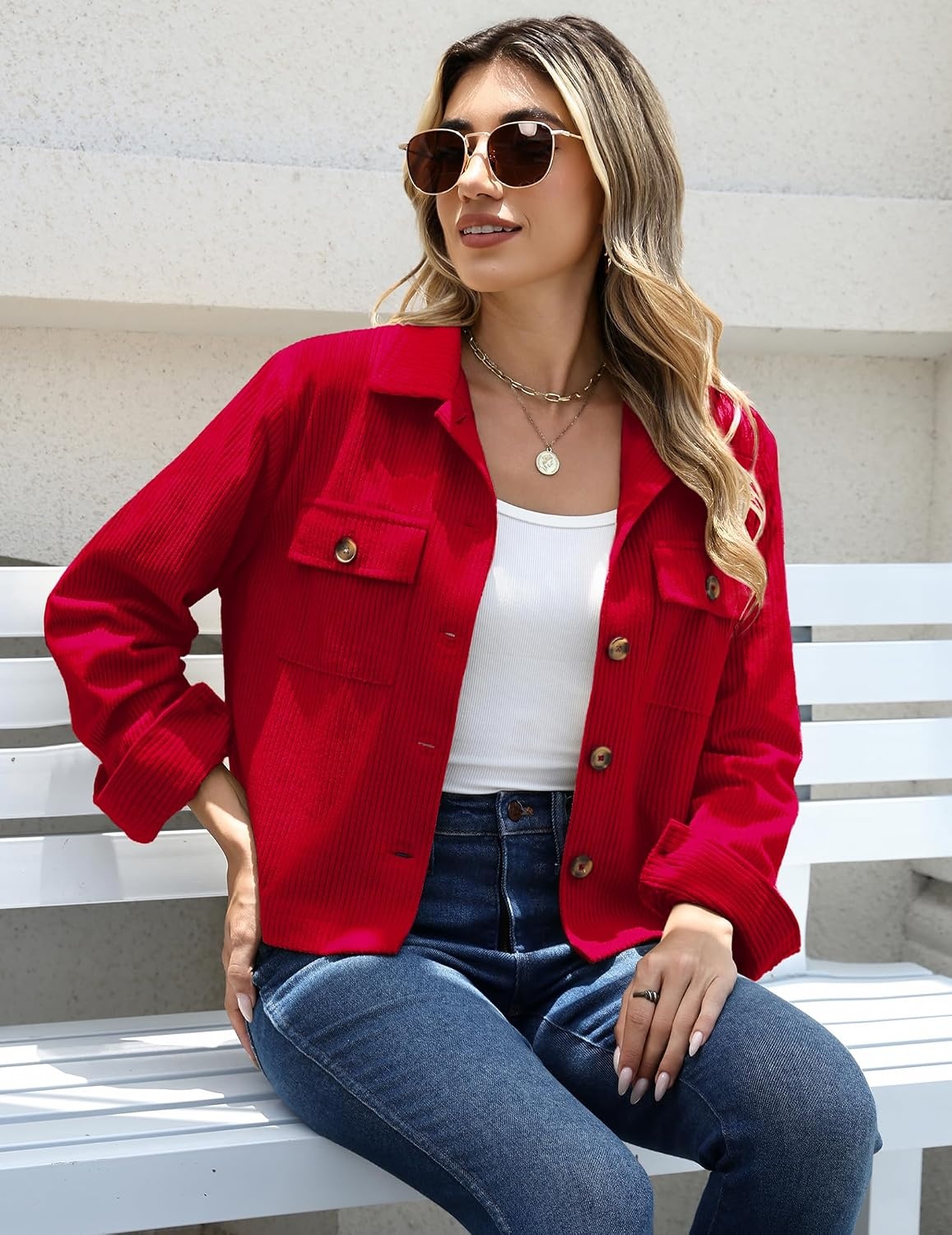 image:imageZeagoo Womens Fashion Cropped Jacket Corduroy Button Down Long Sleeve Shirt Crop Top Trendy Outfits Fall Winter CoatsRed